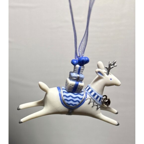 Hallmark Reindeer Ornament Set 2001 Porcelain Blue White Stars Ribbon Hangers 3" - Picture 4 of 10
